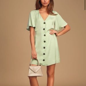 Lulus Green Satin Button Up Dress M